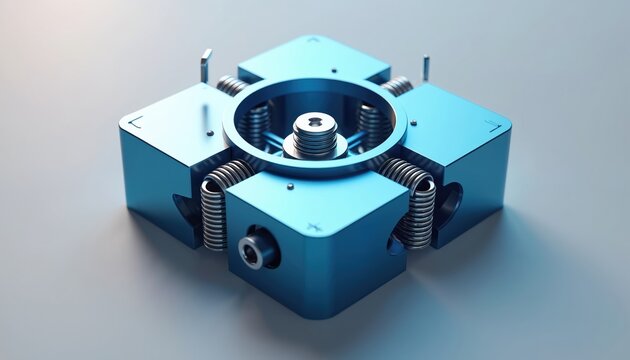 Close up of blue three-axis industrial accelerometer used for precise movement detection. Miniaturized device features springs, aluminum casing, used for orientation, navigation, stability