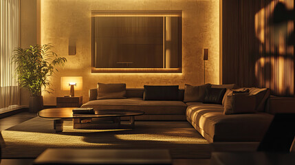 Cozy Living Room with Warm Lighting and Modern Decor Elements