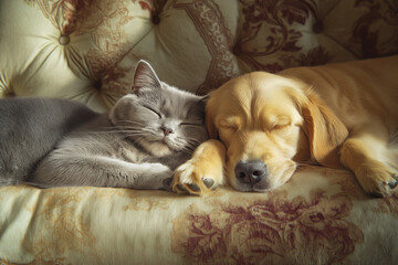 Obraz premium Cat and dog peacefully sleeping together