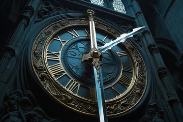 Obraz premium Giant Sword Clock Tower with Intricate Design and Unique Atmosphere