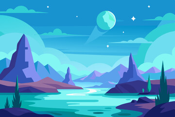 night landscape with mountains and sea