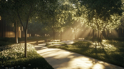 Obraz premium Sunlit Garden Pathway Surrounded by Lush Greenery and Trees