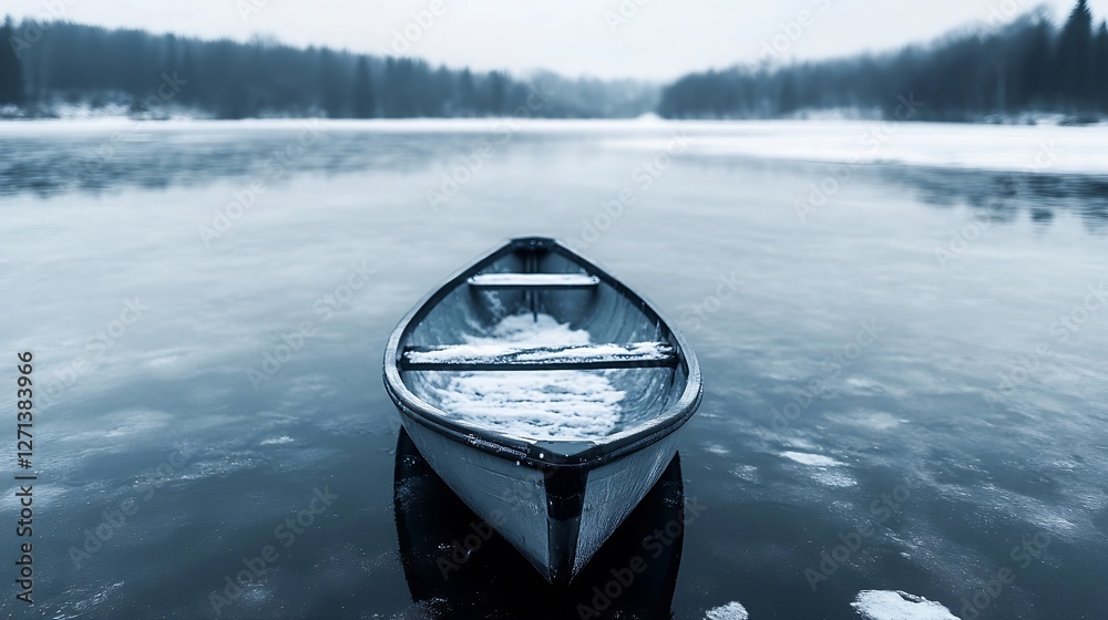Poster lonely boat on still winter lake with icy surface and snowcovered shores in a gloomy atmosphere : ge