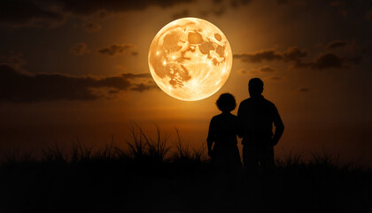 Fototapeta premium Couple gazing at the full moon in a tranquil landscape for blogs, websites, romance-themed designs, greeting cards, love stories, relationship advice, and digital art projects