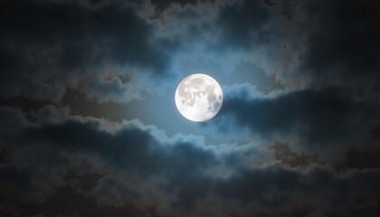 Illuminated full moon shining through cloud cover for blogs, websites, wallpapers, night-themed artwork, digital illustrations, and atmospheric scenery designs