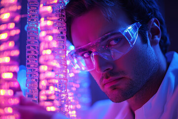 High tech laboratory with scientist examining glowing data tubes, showcasing advanced research and innovation. atmosphere is vibrant and futuristic, emphasizing scientific exploration