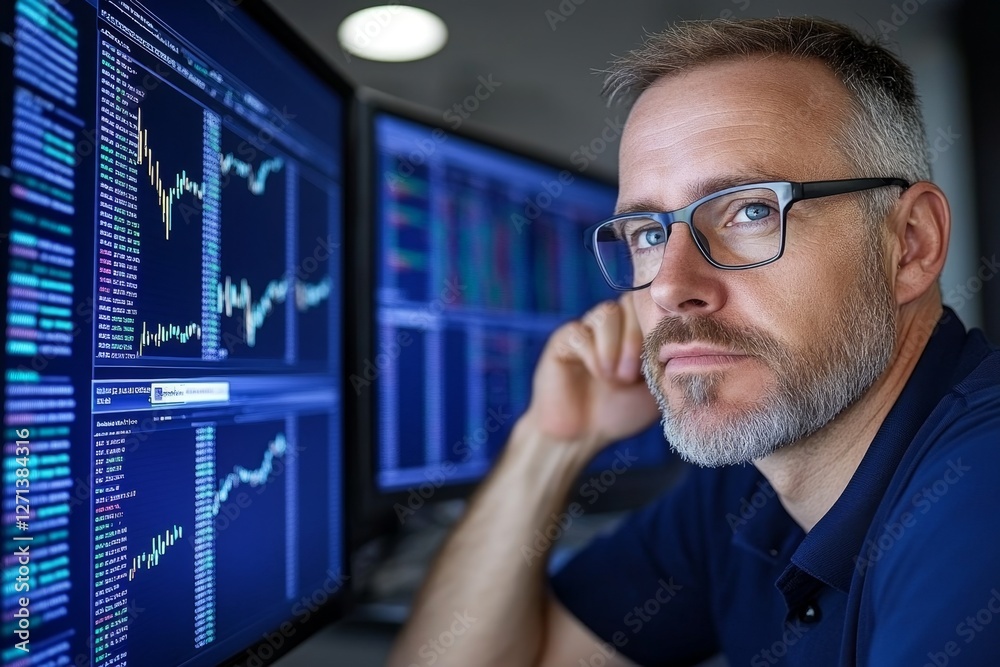 Poster a financial analyst monitoring live stock market statistics on multiple computer screens