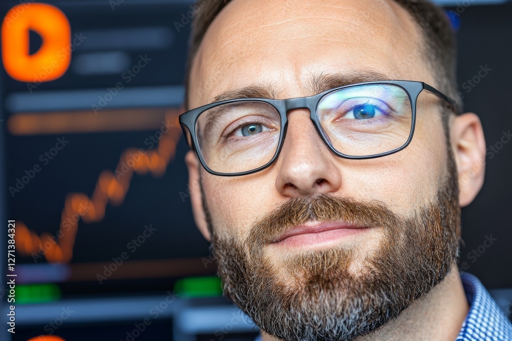 Poster a financial analyst monitoring live stock market statistics on multiple computer screens