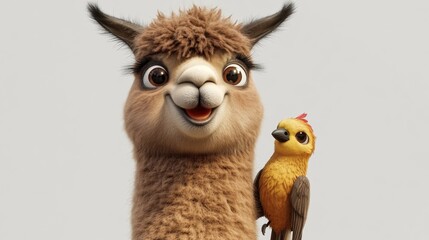 Fototapeta premium An adorable cartoon llama and a cheerful bird. Perfect for children's books, toys, plush, or as a stuffed animal.