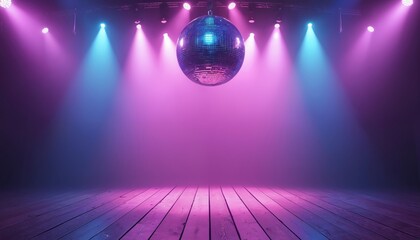 Stage with disco ball, bright lights. Wooden floor, vibrant colors. Purple, pink, blue illumination, club atmosphere. Nightlife event, retro dance party background, disco era vibes. Entertainment,