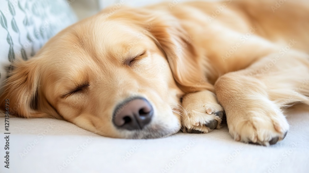 Poster cute golden retriever sleeping peacefully on a cozy sofa with a relaxed expression : generative ai