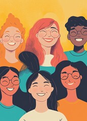 Whimsical Illustration of Happy Girls in a Nature-Inspired Setting