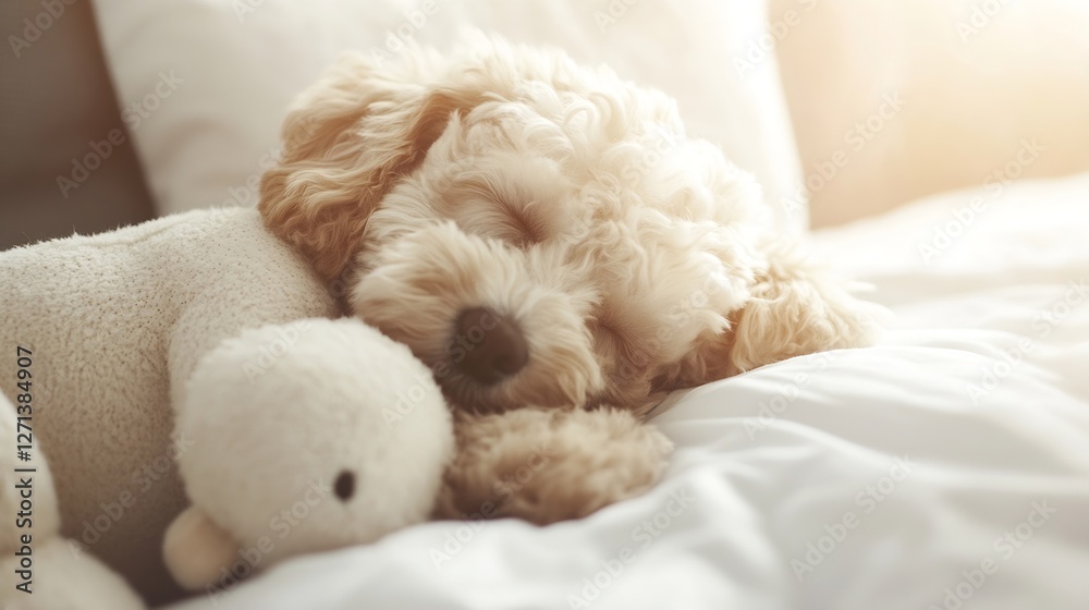 Poster adorable fluffy puppy sleeping soundly with a plush toy on a cozy bed in soft daylight : generative 