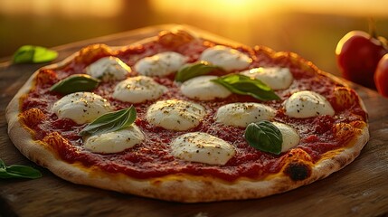 Sunset Margherita pizza outdoors