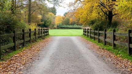 Scenic path lined with autumn leaves and wooden fences leading into a peaceful green meadow : Generative AI