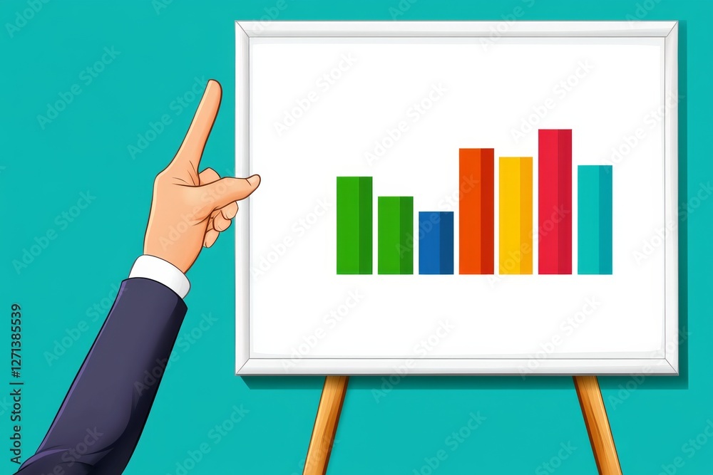 Poster a flat 2d illustration of a professional pointing at a bar chart on a whiteboard, explaining statist
