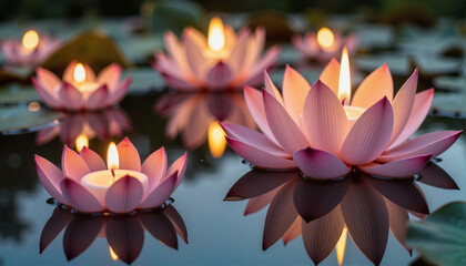 Floating candles on pink lotus flowers in tranquil water setting