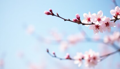 Obraz premium Close-up of cherry blossoms in full bloom against clear blue sky. Beautiful springtime.