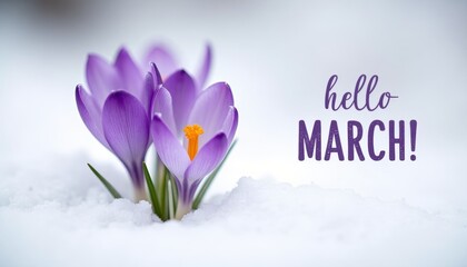 Purple crocuses with yellow cores making their way through snow. Inscription hello MARCH symbolizes arrival of spring and awakening of nature after winter.
