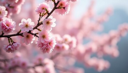 Fototapeta premium Close-up view of delicate pink cherry blossoms in full bloom on a tree branch. Spring-themed projects, nature photography, and floral designs.