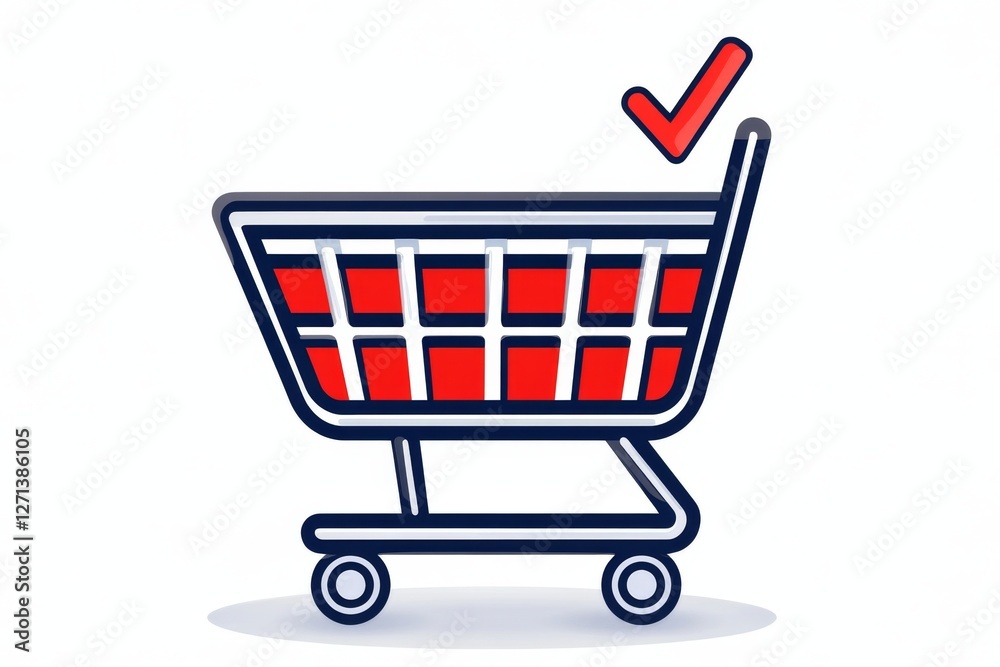 Poster a flat, modern design of a shopping cart with a checkmark, representing a successful customer purcha
