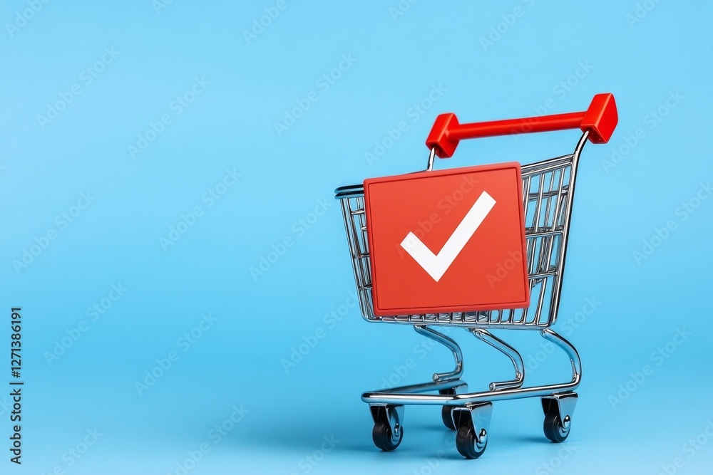 Poster a flat, modern design of a shopping cart with a checkmark, representing a successful customer purcha
