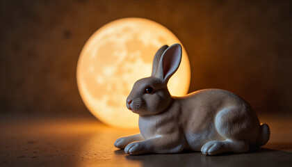 Lifelike rabbit figurine resting near a glowing moon backdrop for blogs, websites, greeting cards, decorative designs, and educational content about animals and nature