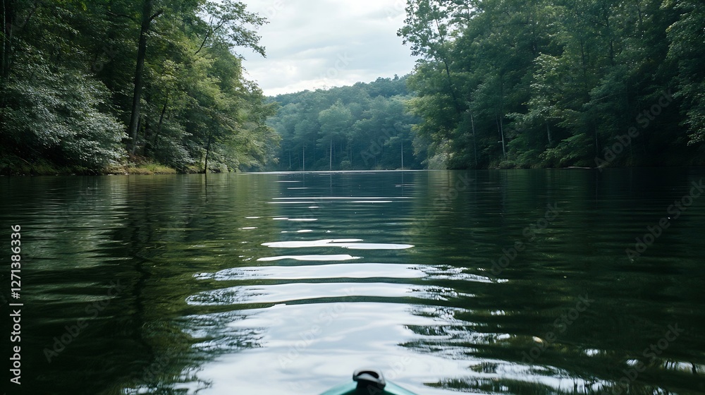Aufkleber Tranquil scene of calm waters reflecting green trees and a cloudy sky in a peaceful natural environment : Generative AI