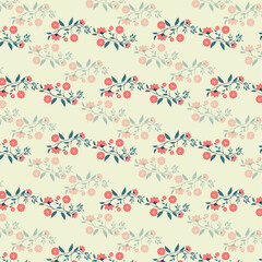 Floral Pattern of Red Flowers and Green Leaves on Yellow Background