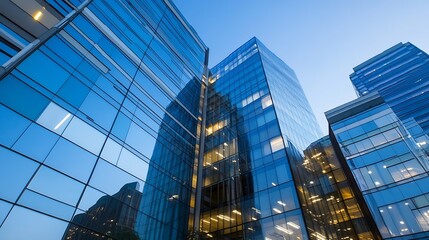 Fototapeta premium Stunning modern glass skyscrapers reflecting the evening sky in a vibrant urban landscape : Generative AI