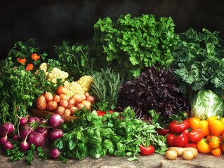 A vibrant selection of fresh produce including leafy greens, root vegetables, and ripe fruits. Fresh healthy ingredients for cooking or eating raw.