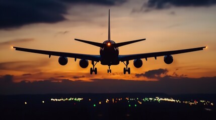 Commercial airplane landing at dusk with a vibrant sunset sky and city lights illuminating the runway : Generative AI