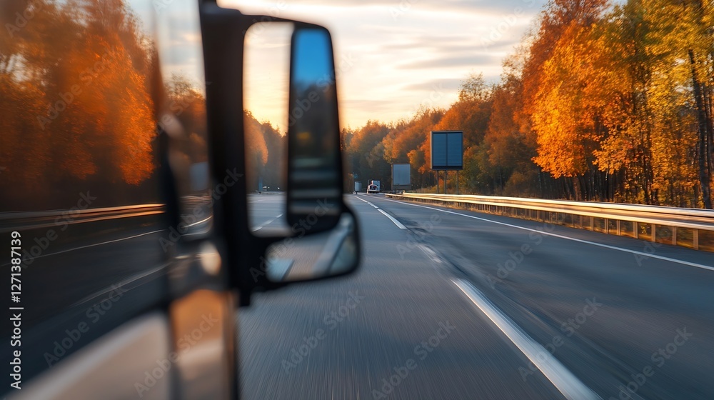 Poster blurry view of a highway from a moving vehicle during autumn showcasing vibrant foliage : generative