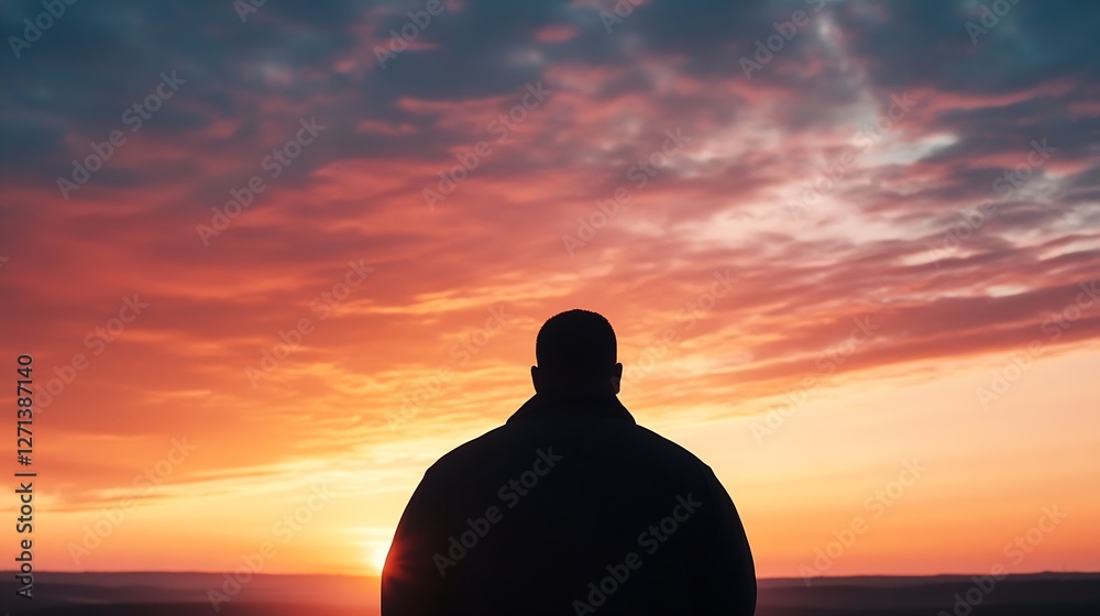 Poster silhouette of a person observing a stunning sunset with clouds creating a colorful sky landscape : g