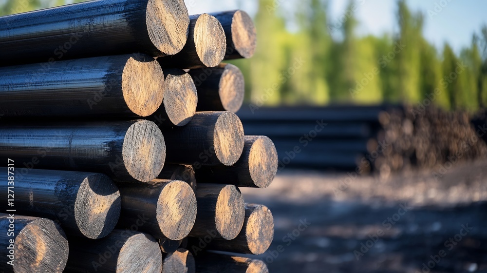 Poster stacked wooden logs arranged neatly against a picturesque backdrop of evergreen trees in a sunny out