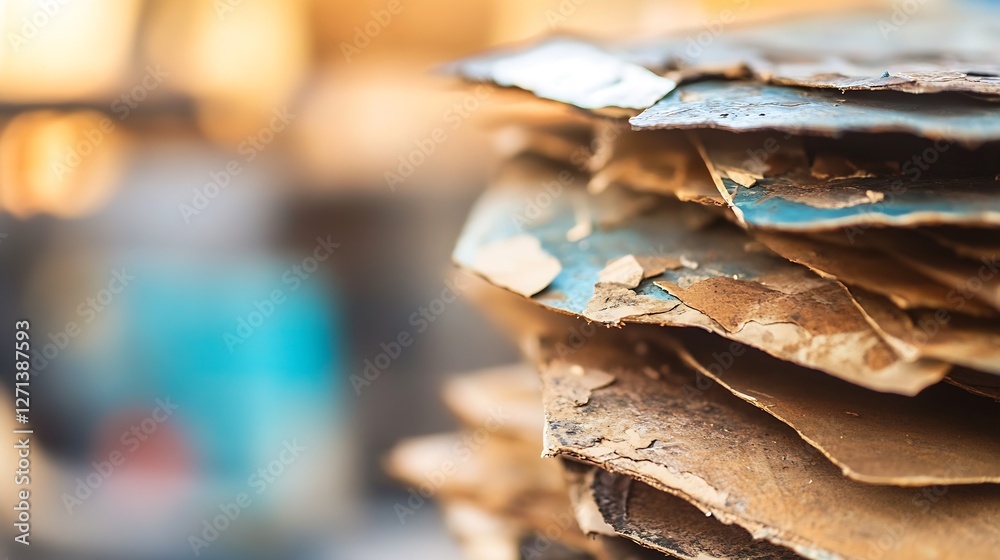 Aufkleber Stacked sheets of weathered paper in soft focus revealing intricate textures and hues in natural light : Generative AI