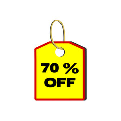 70% off yellow tag with red border, beige cord and white background