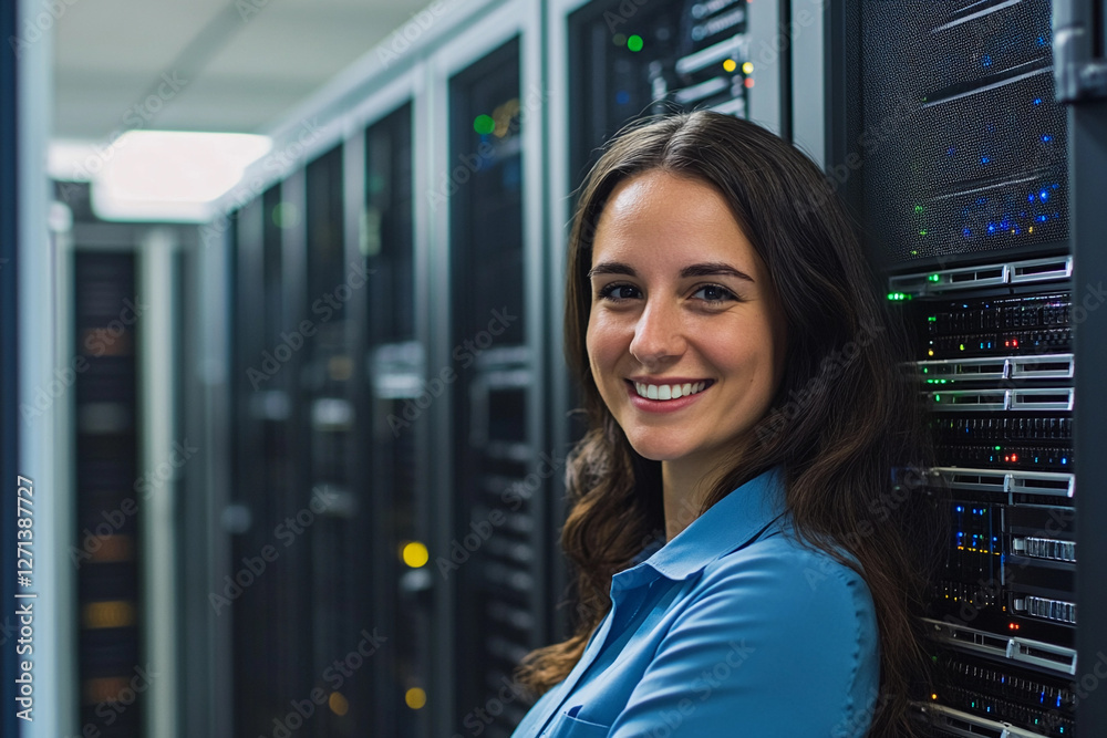 Poster woman smiling beside server racks in a data center