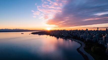 Obraz premium Stunning sunset over a modern city skyline reflecting vibrant colors on calm waters creating a captivating view : Generative AI