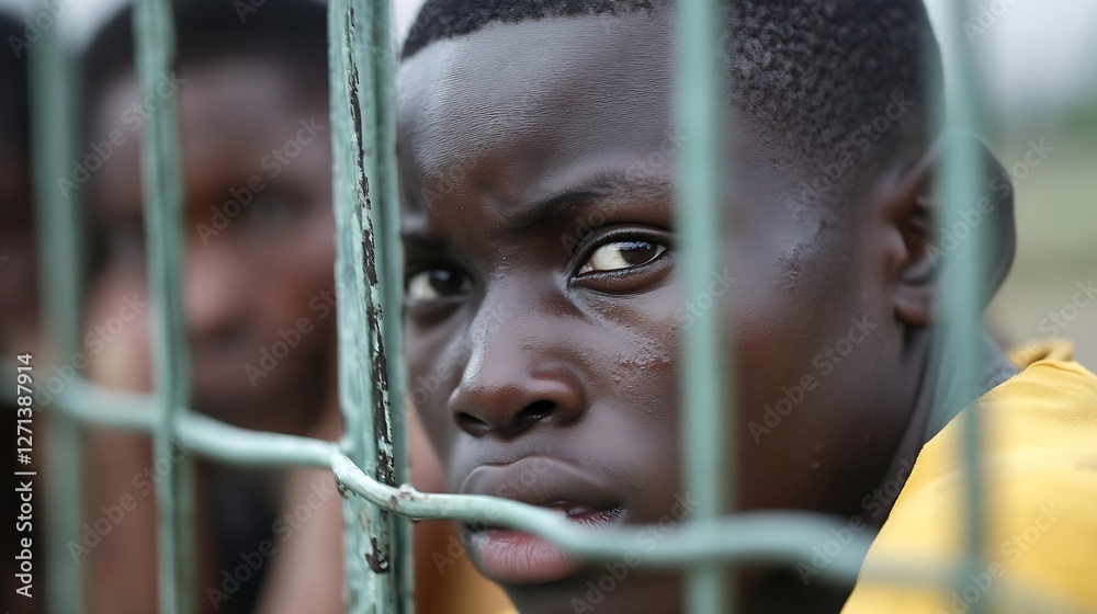 Poster Young boy showing a contemplative expression through a fence with blurred background suggesting a serious situation : Generative AI