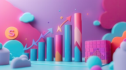 Abstract cityscape with colorful arrows and growth symbols in a modern business design