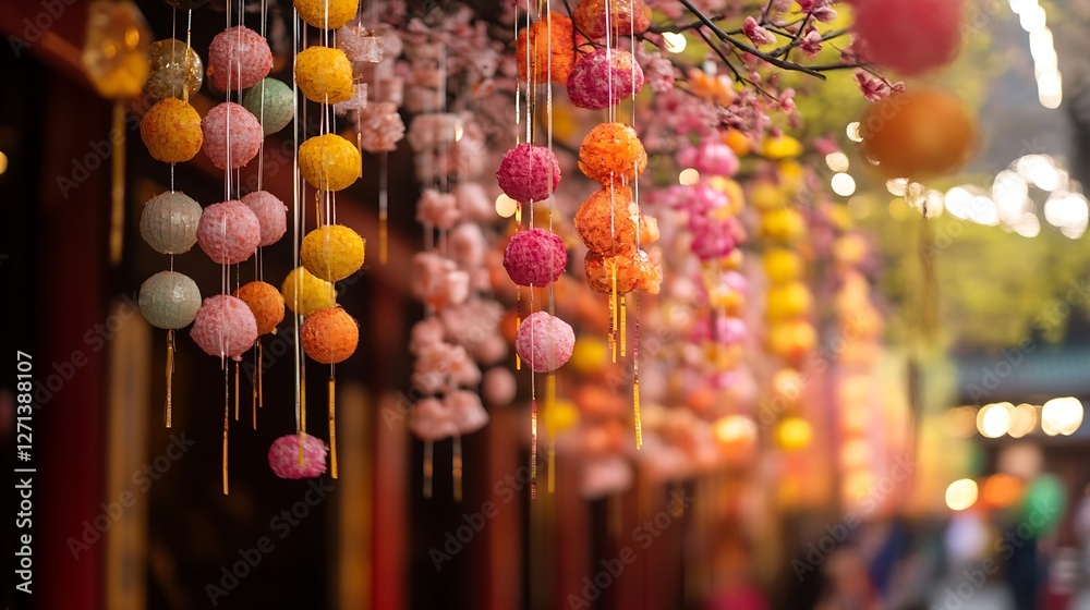 Poster colorful handmade paper lanterns hanging decoratively under a tree in a festive setting : generative