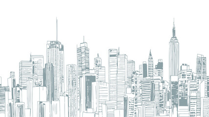 Fototapeta premium Cityscape skyline drawing illustration. Tall buildings, skyscrapers, towers visible. Architecture urban planning graphic design. Hand-drawn sketch style white background