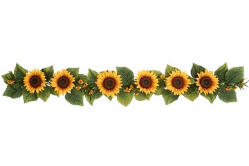 Radiant Sunflowers: A Vibrant Row of Sunny Yellow Blooms Isolated on Pure White, Perfect for Summer Designs, Greeting Cards, and Bright, Cheerful Backgrounds. Ideal for adding a touch of nature's     