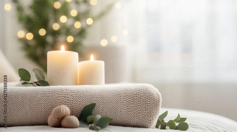 Aufkleber Cozy interior scene with lit candles soft blankets and warm lights creating a relaxing ambiance : Generative AI