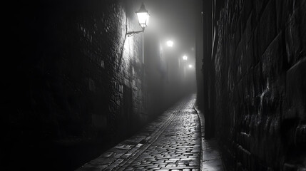 Obraz premium A narrow cobblestone alley with dim gaslights casting long shadows. Footsteps echo, but no one is visible in the mist.