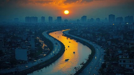 Fototapeta premium Sunset over city river, traffic, buildings, cityscape, travel