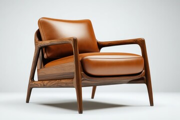Fototapeta premium Modern armchair with brown leather and walnut wood, isolated on a light background.