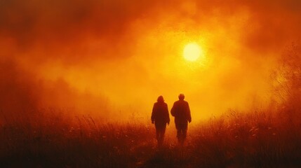 Serene Walk at Sunset with Warm Orange Sky and Silhouetted Figures