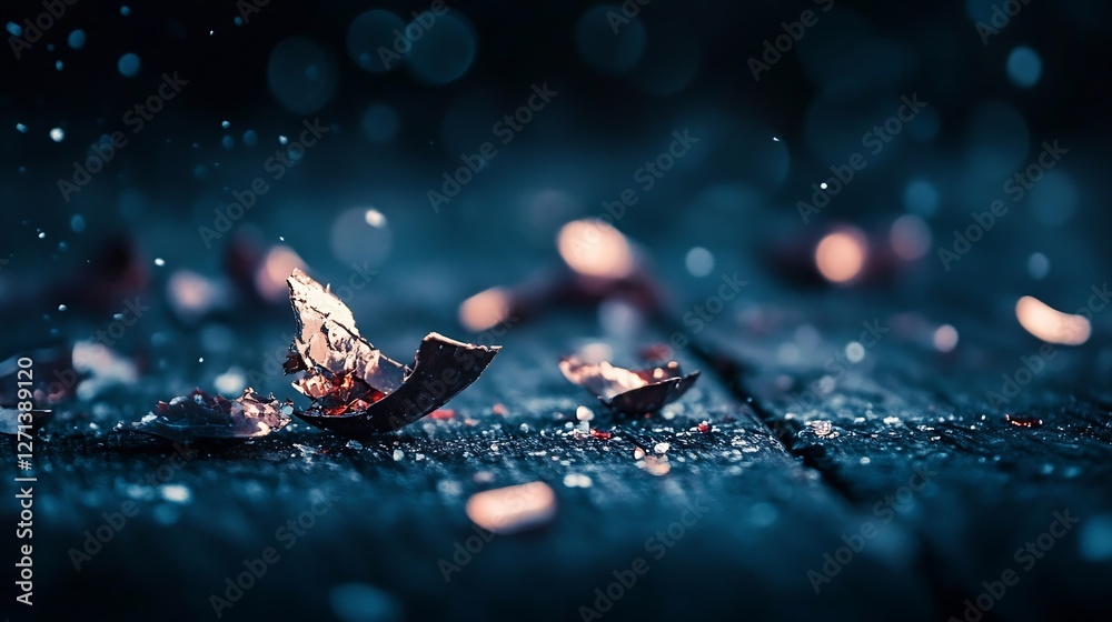 Poster dramatic closeup shot of shattered glass pieces scattered on a dark surface creating an artistic vib